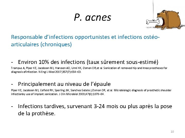 P. acnes Responsable d’infections opportunistes et infections ostéoarticulaires (chroniques) - Environ 10% des infections