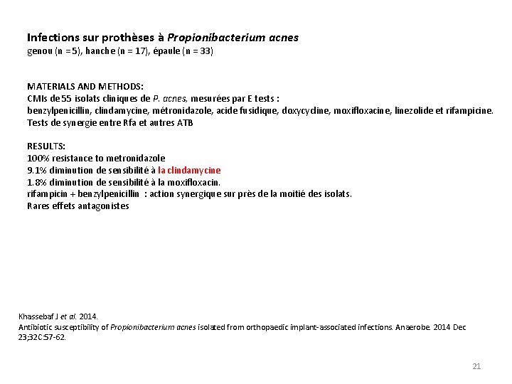 Infections sur prothèses à Propionibacterium acnes genou (n = 5), hanche (n = 17),