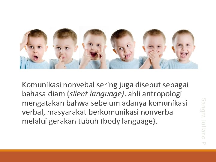 Sangra Juliano P Komunikasi nonvebal sering juga disebut sebagai bahasa diam (silent language). ahli