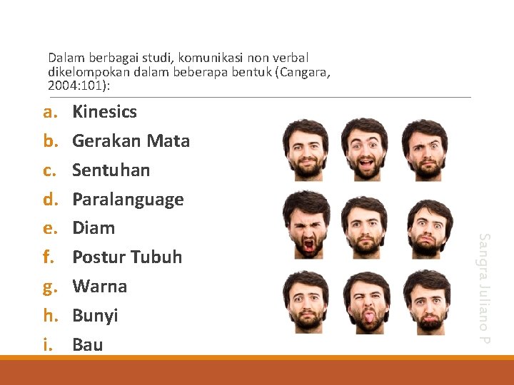 Dalam berbagai studi, komunikasi non verbal dikelompokan dalam beberapa bentuk (Cangara, 2004: 101): Kinesics