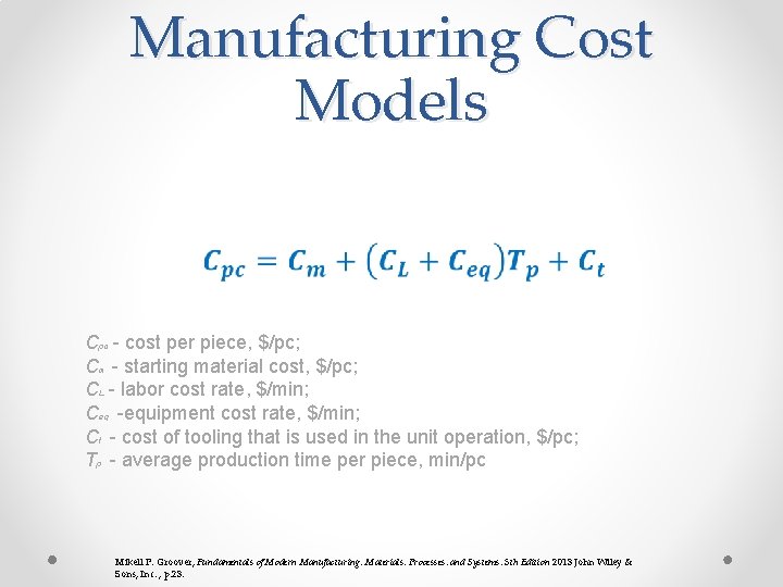 Manufacturing Cost Models Cpc - cost per piece, $/pc; Cm - starting material cost, Manufacturing Cost Models Cpc - cost per piece, $/pc; Cm - starting material cost,