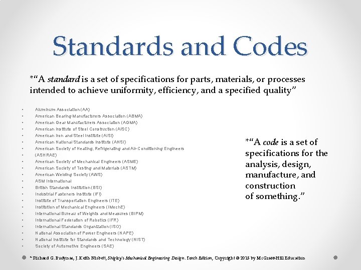 Standards and Codes *“A standard is a set of specifications for parts, materials, or Standards and Codes *“A standard is a set of specifications for parts, materials, or