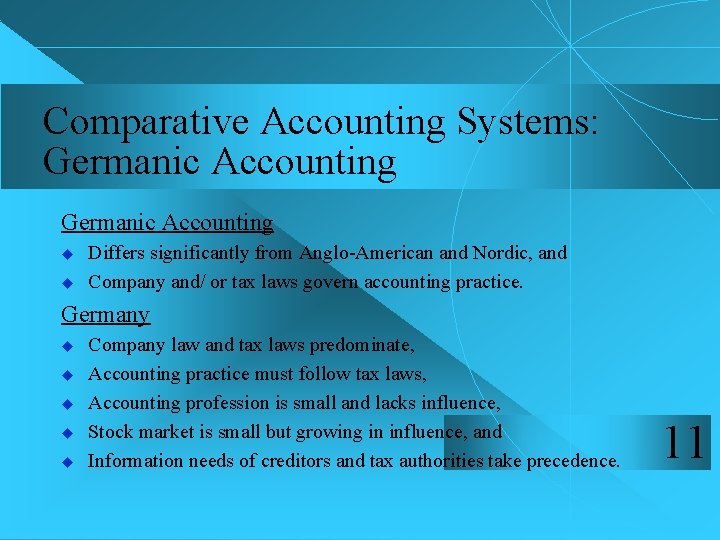 Comparative Accounting Systems: Germanic Accounting u u Differs significantly from Anglo-American and Nordic, and