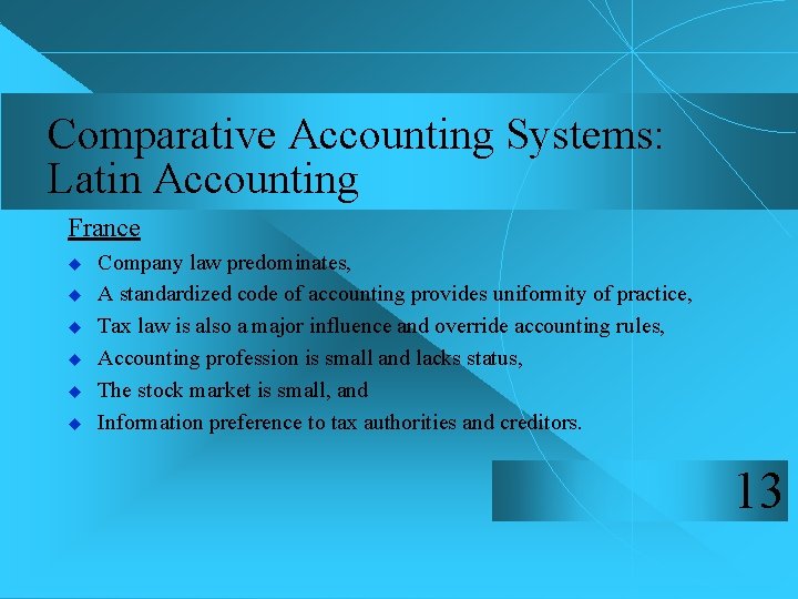 Comparative Accounting Systems: Latin Accounting France u u u Company law predominates, A standardized