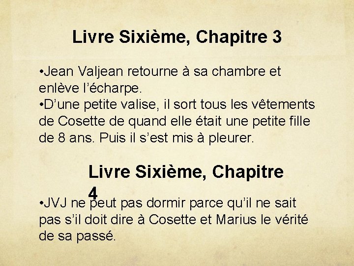 Livre Sixième, Chapitre 3 • Jean Valjean retourne à sa chambre et enlève l’écharpe.