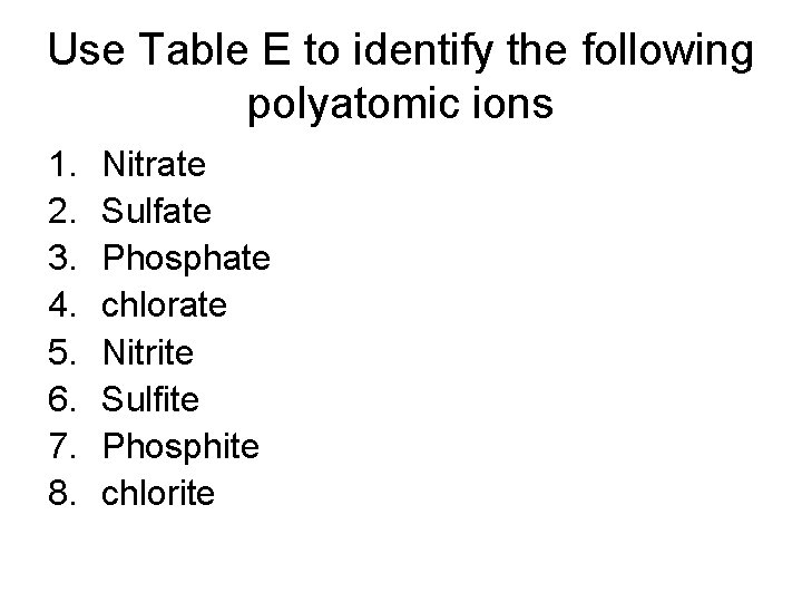 Use Table E to identify the following polyatomic ions 1. 2. 3. 4. 5.