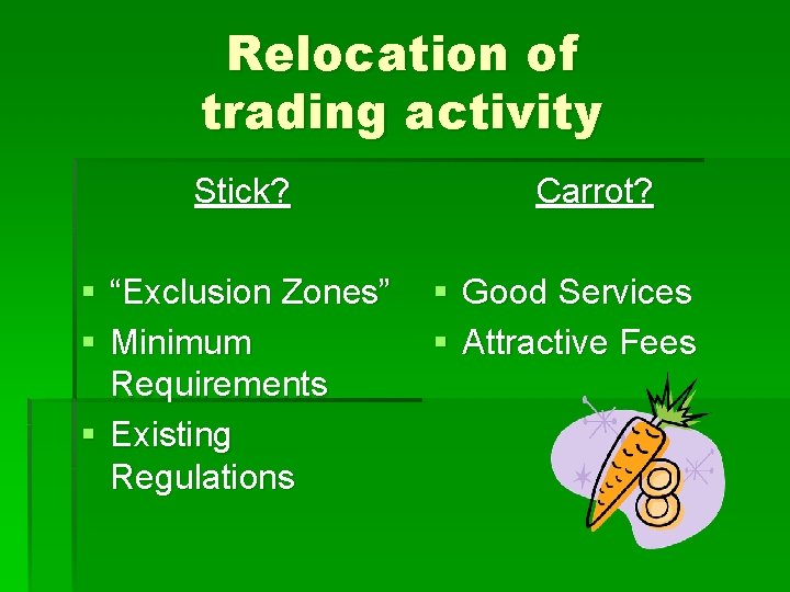 Relocation of trading activity Stick? § “Exclusion Zones” § Minimum Requirements § Existing Regulations