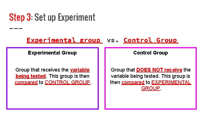 Step 3: Set up Experimental group vs. Control Group Experimental Group Control Group that