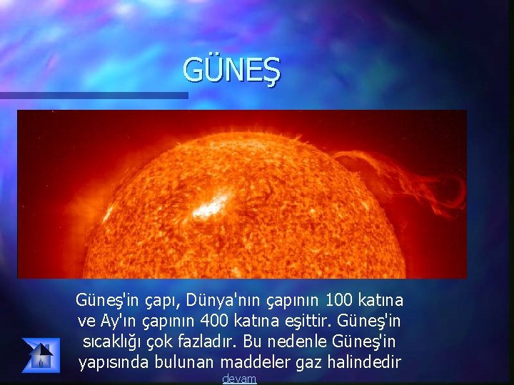 GÜNEŞ Güneş'in çapı, Dünya'nın çapının 100 katına ve Ay'ın çapının 400 katına eşittir. Güneş'in
