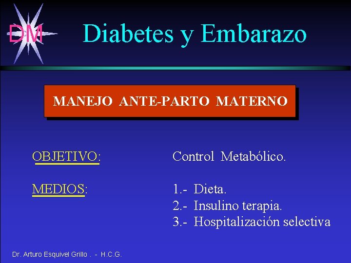 DM Diabetes y Embarazo MANEJO ANTE-PARTO MATERNO OBJETIVO: Control Metabólico. MEDIOS: 1. - Dieta.