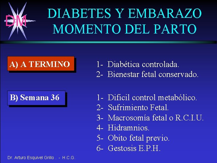 DM DIABETES Y EMBARAZO MOMENTO DEL PARTO A) A TERMINO 1 - Diabética controlada.