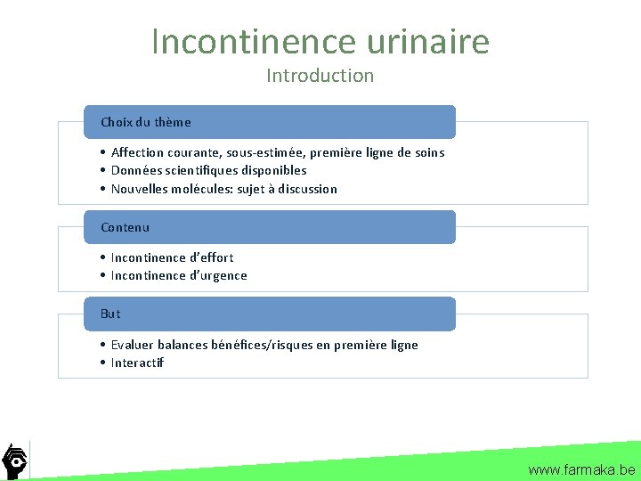 Incontinence urinaire Introduction Choix du thème • Affection courante, sous-estimée, première ligne de soins