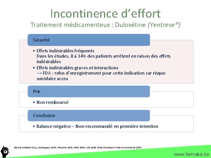 Incontinence d’effort Traitement médicamenteux : Duloxétine (Yentreve®) Sécurité • Effets indésirables fréquents Dans les