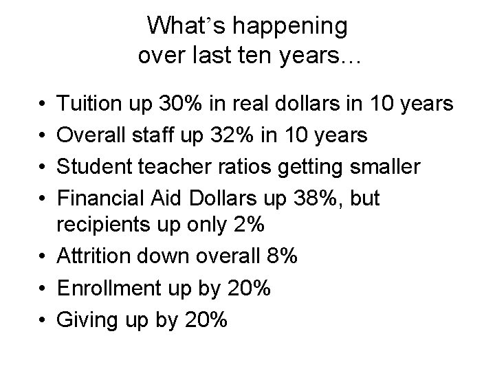 What’s happening over last ten years… • • Tuition up 30% in real dollars