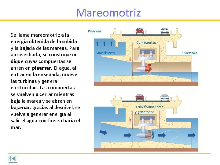 Mareomotriz Se llama mareomotriz a la energía obtenida de la subida y la bajada