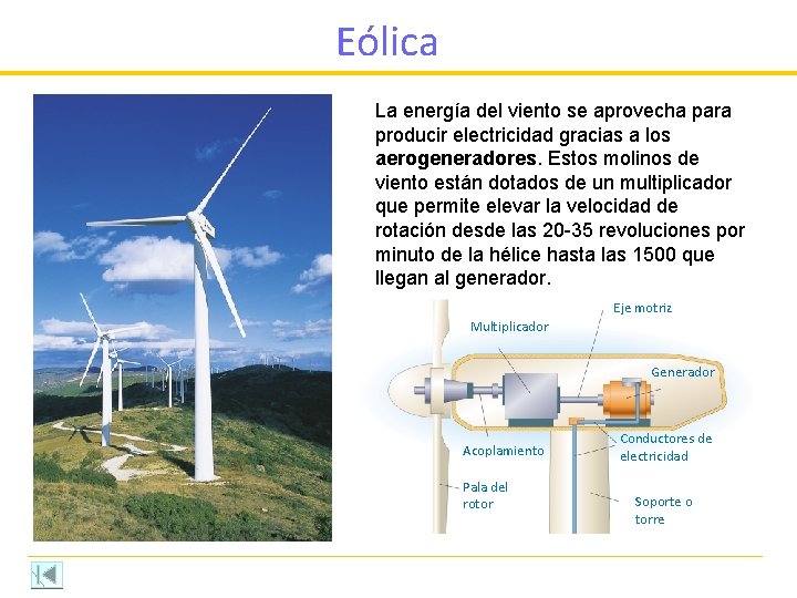 Eólica La energía del viento se aprovecha para producir electricidad gracias a los aerogeneradores.