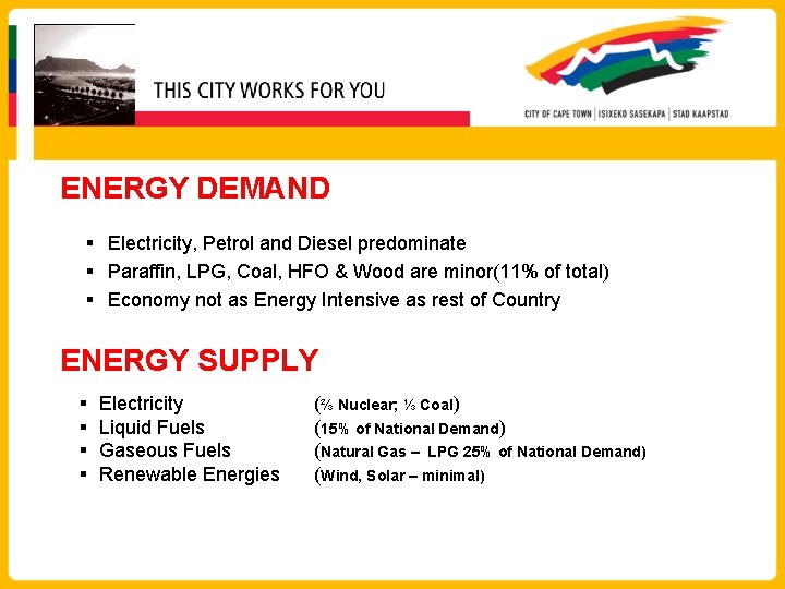 ENERGY DEMAND § Electricity, Petrol and Diesel predominate § Paraffin, LPG, Coal, HFO &