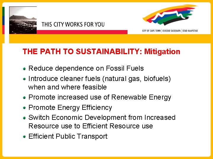 THE PATH TO SUSTAINABILITY: Mitigation Reduce dependence on Fossil Fuels Introduce cleaner fuels (natural