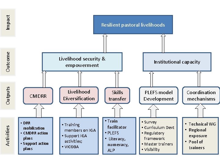 Impact Activities Outputs Outcome Resilient pastoral livelihoods Livelihood security & empowerment CMDRR • DRR