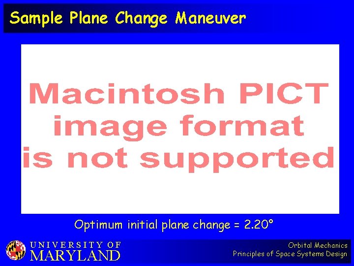 Sample Plane Change Maneuver Optimum initial plane change = 2. 20° UNIVERSITY OF MARYLAND