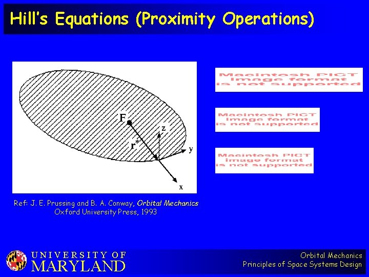 Hill’s Equations (Proximity Operations) Ref: J. E. Prussing and B. A. Conway, Orbital Mechanics