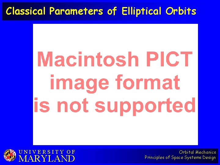 Classical Parameters of Elliptical Orbits UNIVERSITY OF MARYLAND Orbital Mechanics Principles of Space Systems