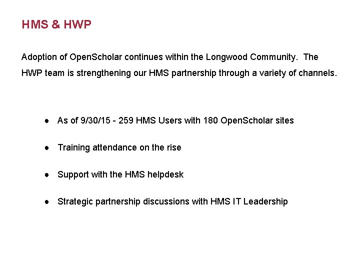 HMS & HWP Adoption of Open. Scholar continues within the Longwood Community. The HWP