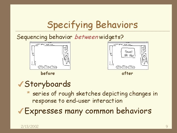 Specifying Behaviors Sequencing behavior between widgets? before after 4 Storyboards * series of rough