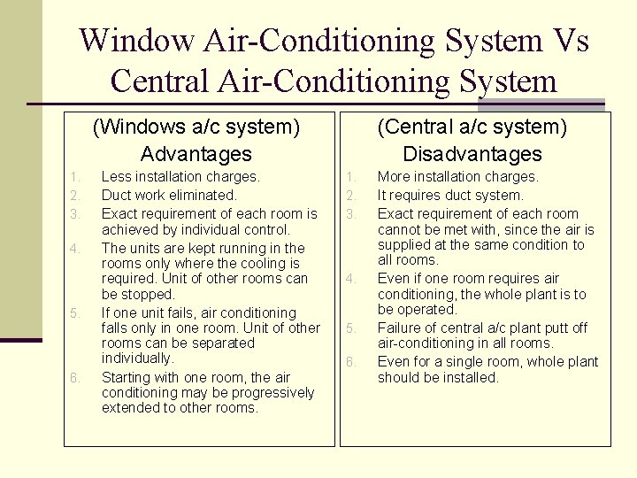 Window Air-Conditioning System Vs Central Air-Conditioning System (Windows a/c system) Advantages 1. 2. 3.