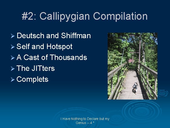 #2: Callipygian Compilation Ø Deutsch and Shiffman Ø Self and Hotspot Ø A Cast