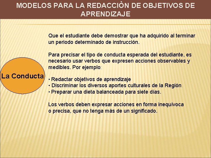 MODELOS PARA LA REDACCIÒN DE OBJETIVOS DE APRENDIZAJE Que el estudiante debe demostrar que