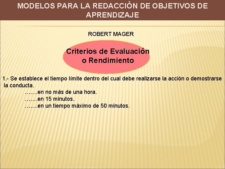 MODELOS PARA LA REDACCIÒN DE OBJETIVOS DE APRENDIZAJE ROBERT MAGER Criterios de Evaluación o