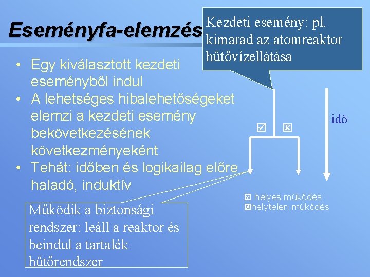 Kezdeti esemény: pl. Eseményfa-elemzés kimarad az atomreaktor hűtővízellátása • Egy kiválasztott kezdeti eseményből indul