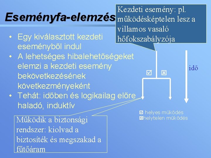 Kezdeti esemény: pl. Eseményfa-elemzés működésképtelen lesz a villamos vasaló • Egy kiválasztott kezdeti hőfokszabályzója