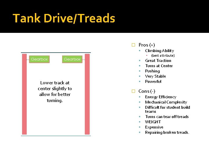 Tank Drive/Treads � Pros (+) Climbing Ability ▪ (best attribute) Lower track at center