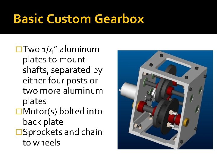 Basic Custom Gearbox �Two 1/4” aluminum plates to mount shafts, separated by either four