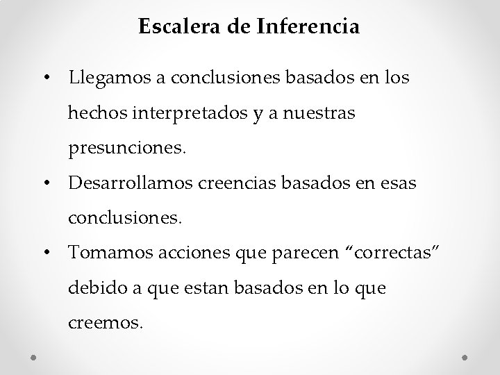 Escalera de Inferencia • Llegamos a conclusiones basados en los hechos interpretados y a