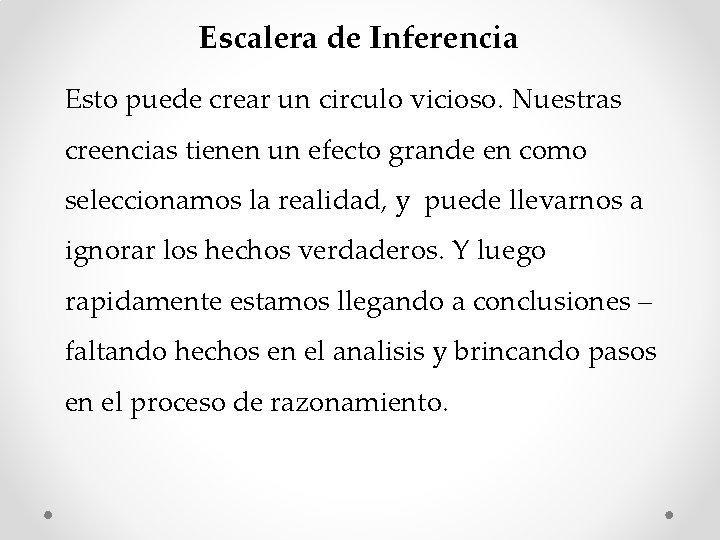 Escalera de Inferencia Esto puede crear un circulo vicioso. Nuestras creencias tienen un efecto