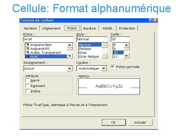Cellule: Format alphanumérique 