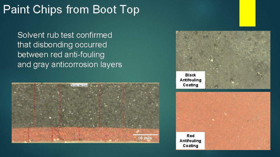 Paint Chips from Boot Top Solvent rub test confirmed that disbonding occurred between red