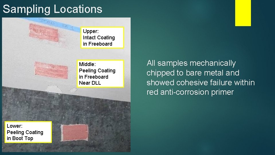 Sampling Locations Upper: Intact Coating in Freeboard Middle: Peeling Coating in Freeboard Near DLL