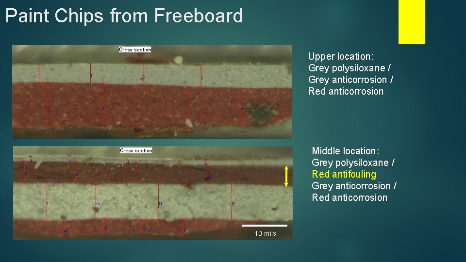 Paint Chips from Freeboard Upper location: Grey polysiloxane / Grey anticorrosion / Red anticorrosion