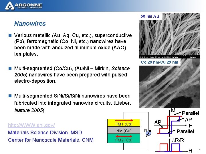 50 nm Au Nanowires n Various metallic (Au, Ag, Cu, etc. ), superconductive (Pb),