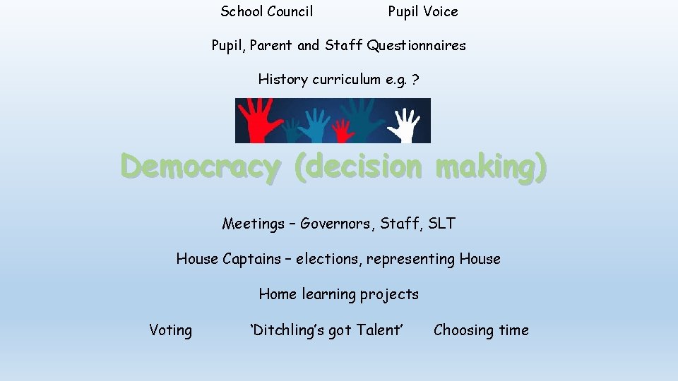 School Council Pupil Voice Pupil, Parent and Staff Questionnaires History curriculum e. g. ?