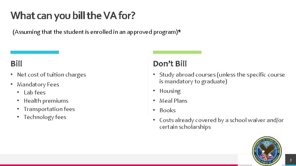 What can you bill the VA for? (Assuming that the student is enrolled in