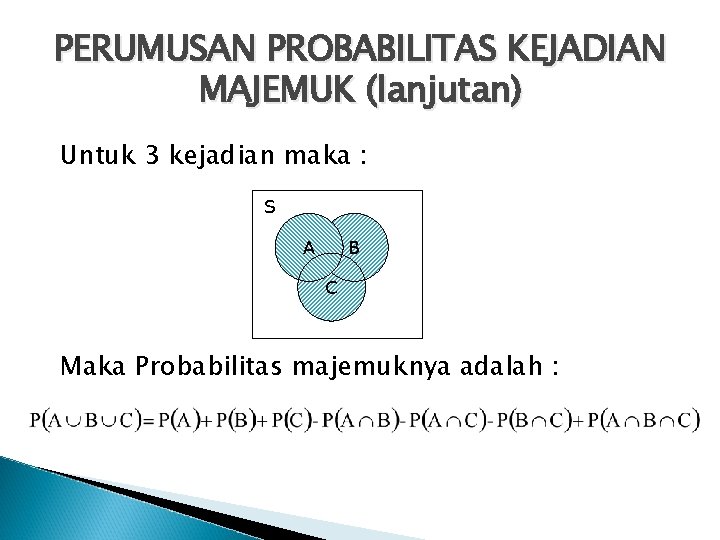 PERUMUSAN PROBABILITAS KEJADIAN MAJEMUK (lanjutan) Untuk 3 kejadian maka : S A B C