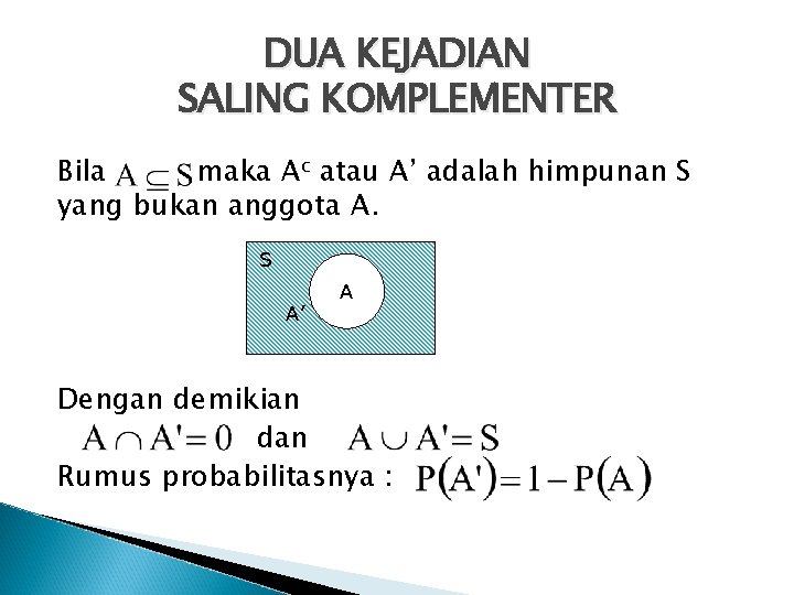 DUA KEJADIAN SALING KOMPLEMENTER Bila maka Ac atau A’ adalah himpunan S yang bukan