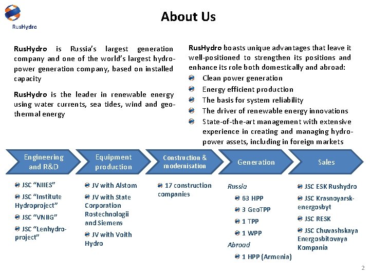 About Us Rus. Hydro is Russia’s largest generation company and one of the world’s