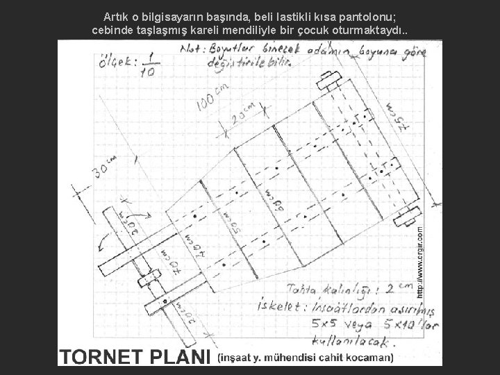 Artık o bilgisayarın başında, beli lastikli kısa pantolonu; cebinde taşlaşmış kareli mendiliyle bir çocuk