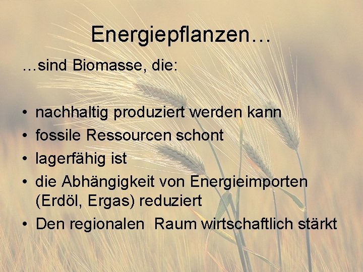 Energiepflanzen… …sind Biomasse, die: • • nachhaltig produziert werden kann fossile Ressourcen schont lagerfähig